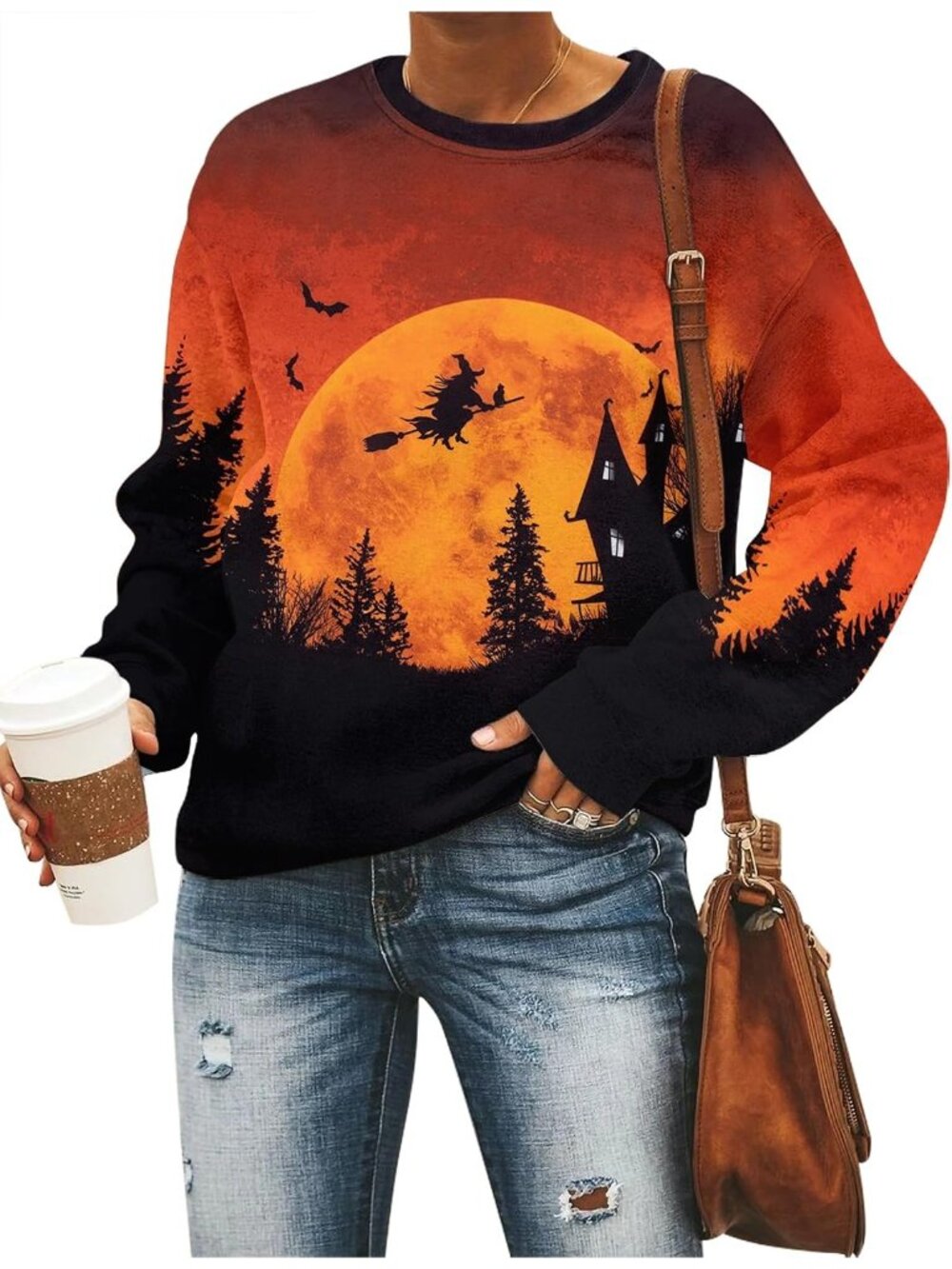 🆕 Women’s Orange Witch Full Moon Haunted House Halloween Crewneck Sweatshirt